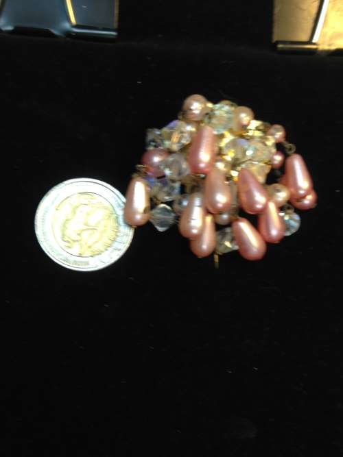 Brooch - Cascade Shiny Faux Pink Pearls and clear crystals stamped GES USA