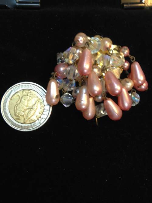 Brooch - Cascade Shiny Faux Pink Pearls and clear crystals stamped GES USA