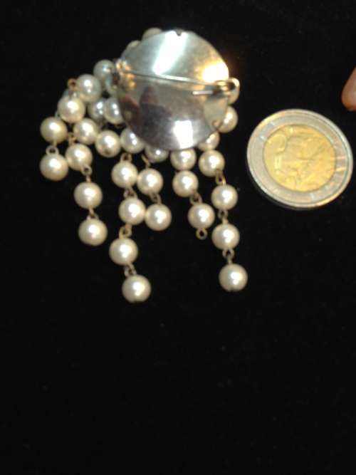 Brooch - Cascade Shiny Faux Pink Pearls and clear crystals stamped GES USA