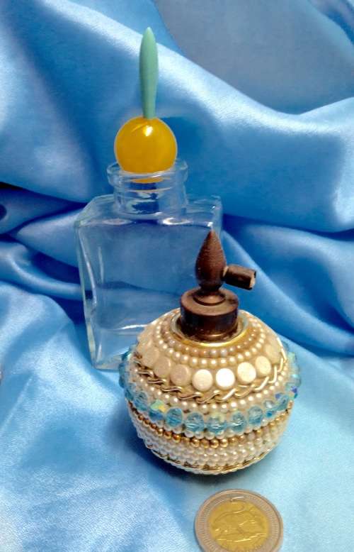 Perfume BOTTLES 1 antique has been Embellished with beads + one is clear glass no lid