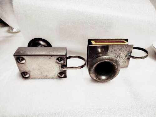 2 EPNS Finger loop candle holder match box Slot matching set