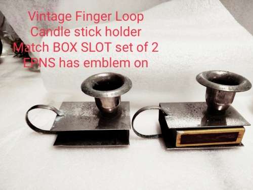 2 EPNS Finger loop candle holder match box Slot matching set
