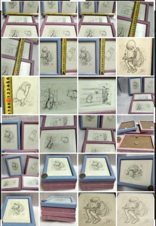 4 Framed with Glass Disney Post cards  *POO BEAR+ HONEY POT`+gate/chritopher robin/rabbit