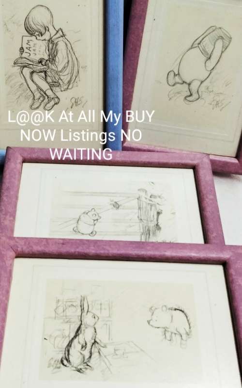 4 Framed with Glass Disney Post cards  *POO BEAR+ HONEY POT`+gate/chritopher robin/rabbit