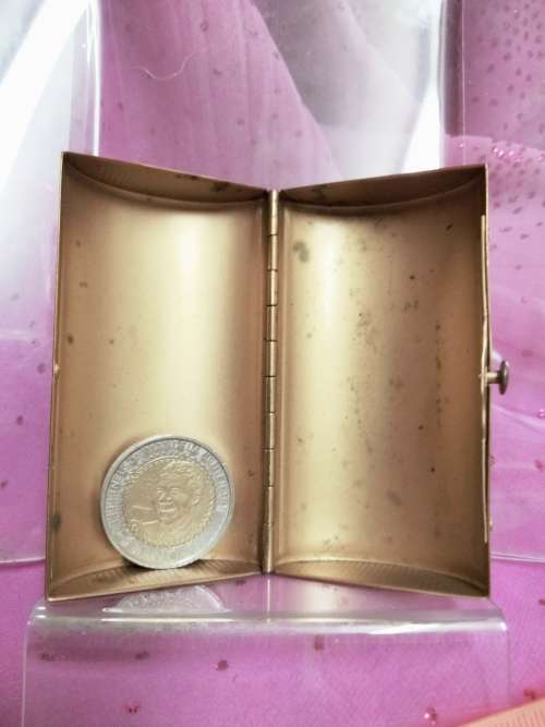 Vintage Cigarette box BARREL shape hinged lid Mother of Pearl ornate yellow metal