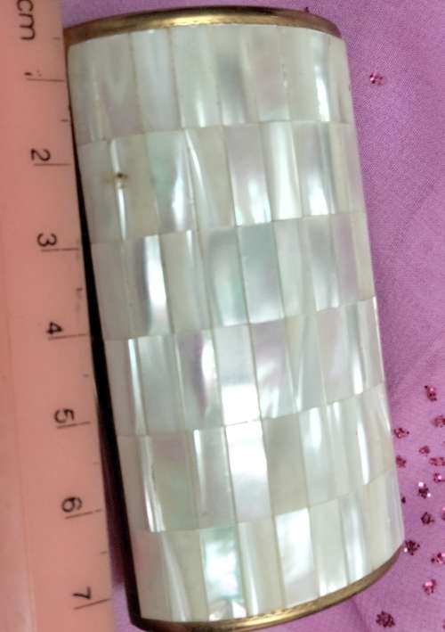 Vintage Cigarette box BARREL shape hinged lid Mother of Pearl ornate yellow metal