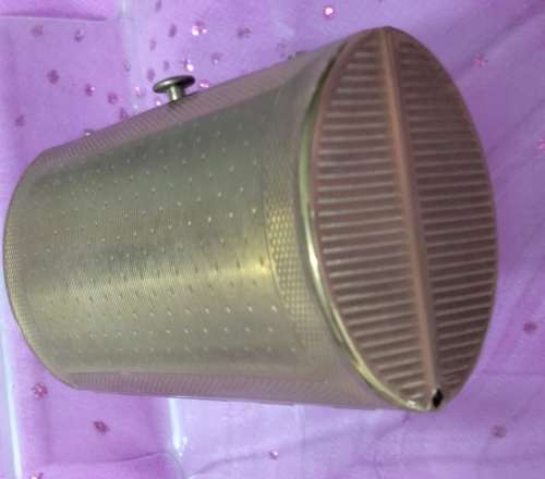 Vintage Cigarette box BARREL shape hinged lid Mother of Pearl ornate yellow metal