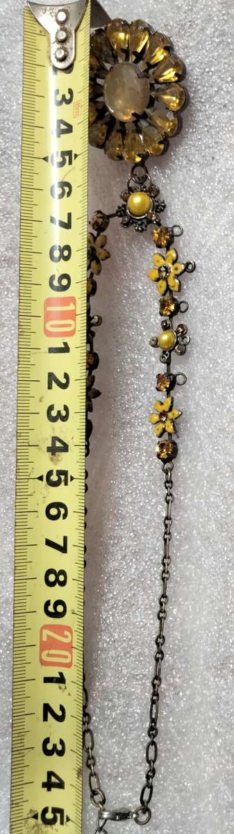 Necklace - CLOISONNE FLOWER big AMBER CRYSTALS GOLD TONE METAL