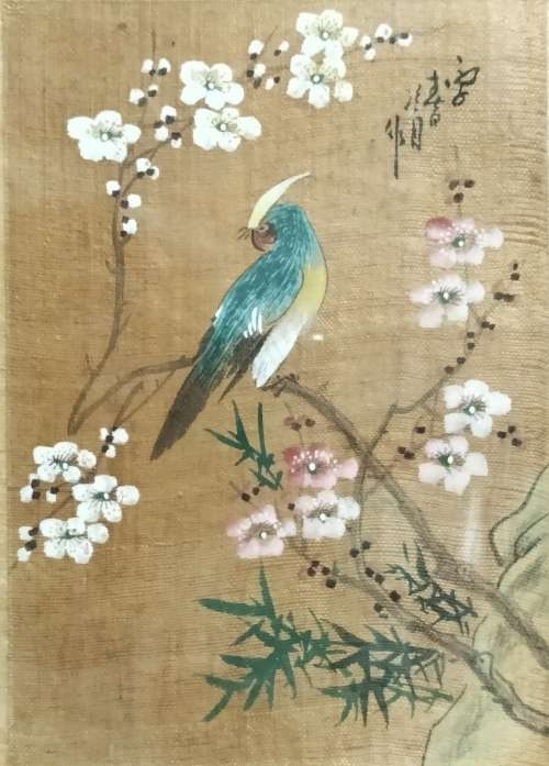 FRAMED Oriental painting artist signed  hand painted bird blue prunis flowers on silk fabric
