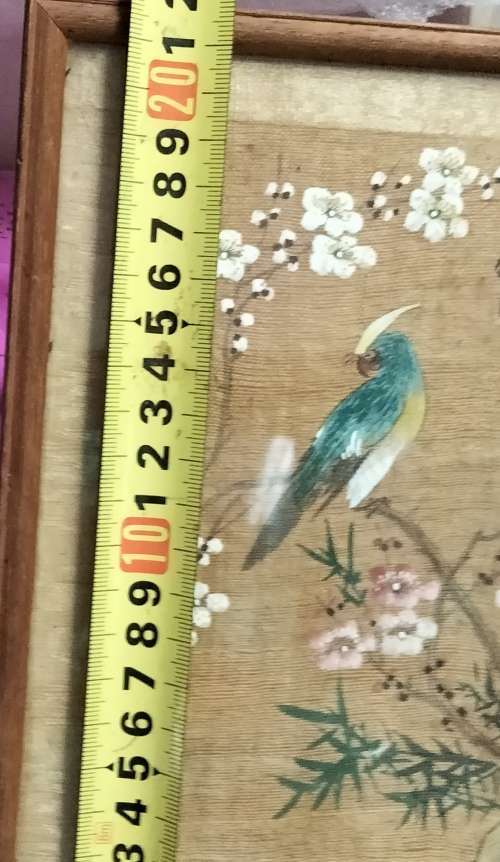 FRAMED Oriental painting artist signed  hand painted bird blue prunis flowers on silk fabric