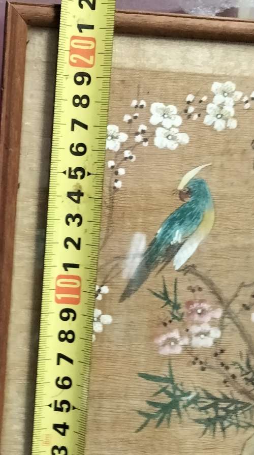 FRAMED Oriental painting artist signed  hand painted bird blue prunis flowers on silk fabric