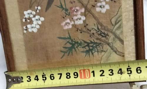 FRAMED Oriental painting artist signed  hand painted bird blue prunis flowers on silk fabric