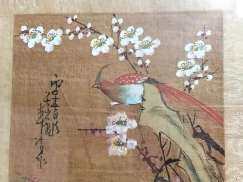 FRAMED Oriental painting artist signed  hand painted bird red prunis flowers on silk fabric