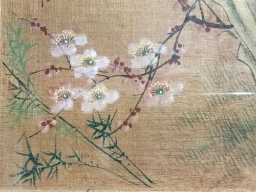 FRAMED Oriental painting artist signed  hand painted bird red prunis flowers on silk fabric