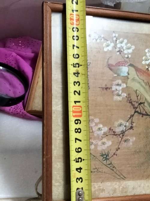 FRAMED Oriental painting artist signed  hand painted bird red prunis flowers on silk fabric