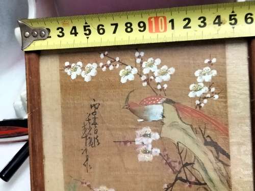 FRAMED Oriental painting artist signed  hand painted bird red prunis flowers on silk fabric