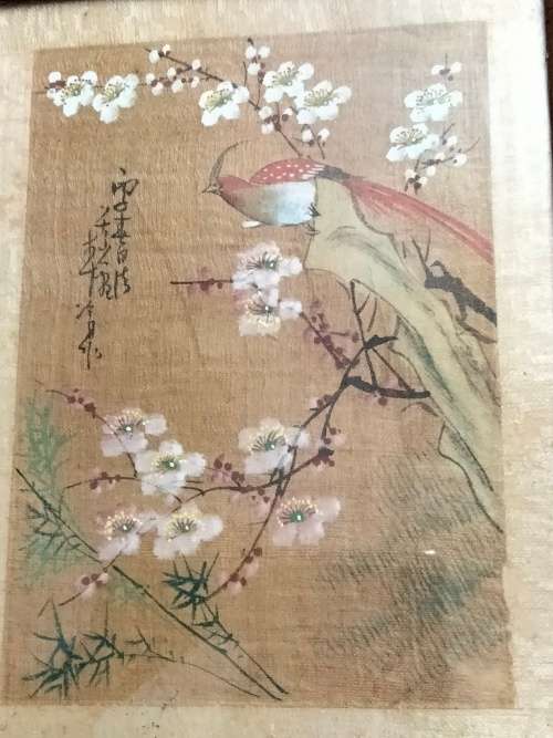 FRAMED Oriental painting artist signed  hand painted bird red prunis flowers on silk fabric