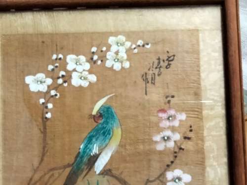 FRAMED Oriental painting artist signed  hand painted bird blue prunis flowers on silk fabric