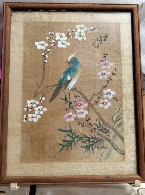 FRAMED Oriental painting artist signed  hand painted bird blue prunis flowers on silk fabric