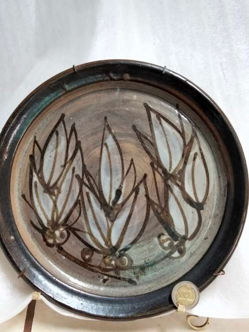 Wall Or Cabinet Plate Variegated blues browns Art signed G Pattern has octopus holder to hang