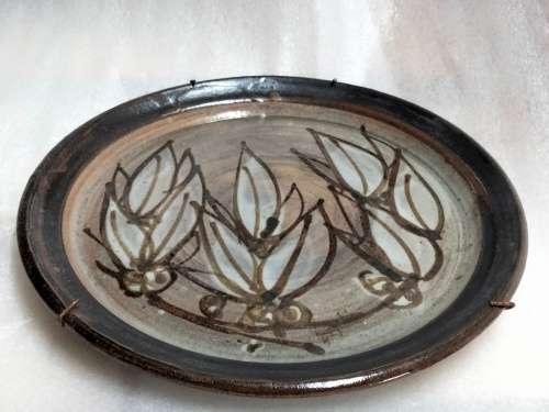 Wall Or Cabinet Plate Variegated blues browns Art signed G Pattern has octopus holder to hang