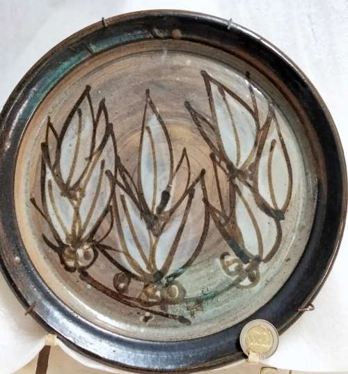 Wall Or Cabinet Plate Variegated blues browns Art signed G Pattern has octopus holder to hang