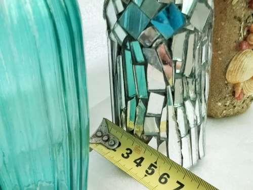VASE ribbed Glass China + mosaic mirror tiles +Pottery coated shell hand done