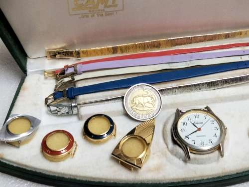 4 Tops-3 10 CT gold filled STAMPED Watch face tops-Watch 6 Straps 1 Box 1 Edwin Quartz not tested