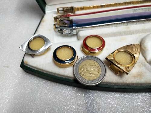 4 Tops-3 10 CT gold filled STAMPED Watch face tops-Watch 6 Straps 1 Box 1 Edwin Quartz not tested