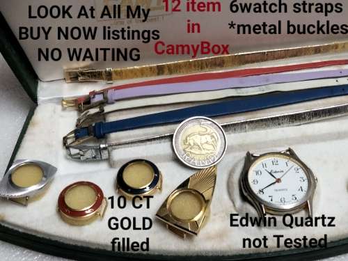4 Tops-3 10 CT gold filled STAMPED Watch face tops-Watch 6 Straps 1 Box 1 Edwin Quartz not tested