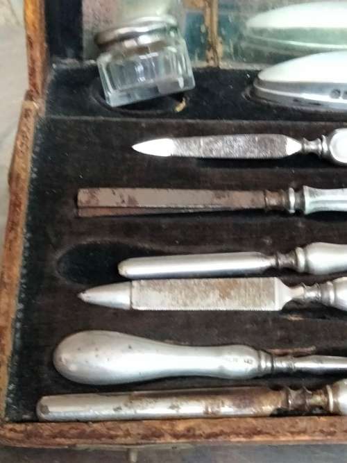 Antique box mixed pieces of Hallmarked Sterling SILVER manicure implements