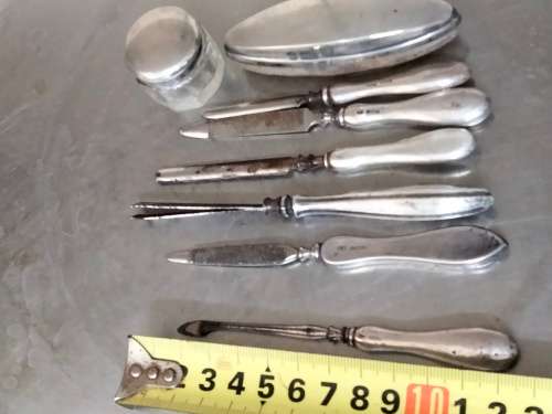 Antique box mixed pieces of Hallmarked Sterling SILVER manicure implements