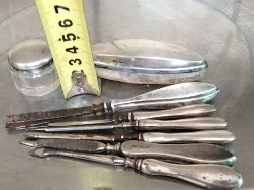Antique box mixed pieces of Hallmarked Sterling SILVER manicure implements
