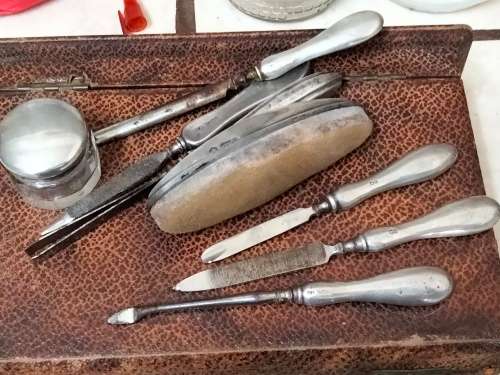 Antique box mixed pieces of Hallmarked Sterling SILVER manicure implements