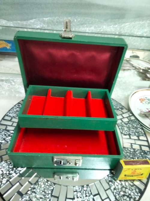 Jewelry Box Green Shagreen red inside hinged tray LOOK At my BUY NOW listings NO WAITING