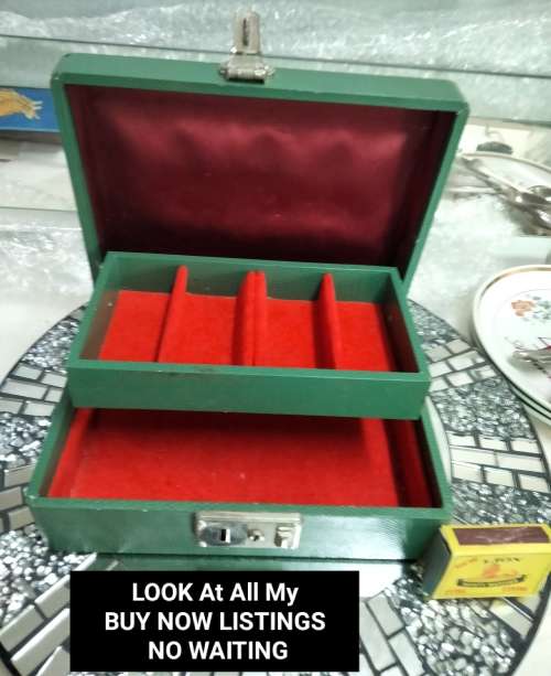 Jewelry Box Green Shagreen red inside hinged tray LOOK At my BUY NOW listings NO WAITING