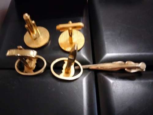 Cufflinks + Tie Clip - Riffle MOP 1 pair FNB tree script 10+1pr Roman Centurion Gold Tone metal