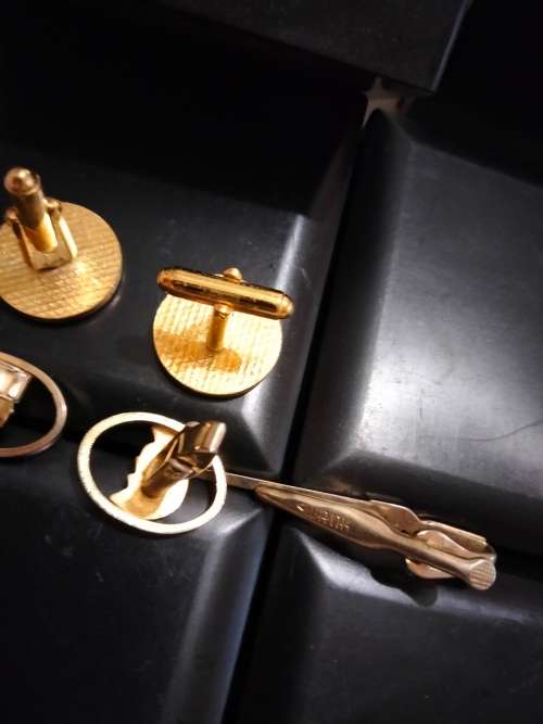 Cufflinks + Tie Clip - Riffle MOP 1 pair FNB tree script 10+1pr Roman Centurion Gold Tone metal