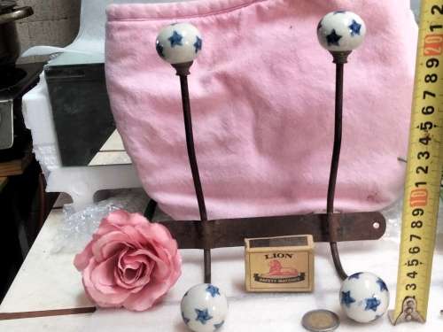 metal Wall mount Hooks 2 Double 4 porcelain blue stars Look at my Buy Now listings No Waiting