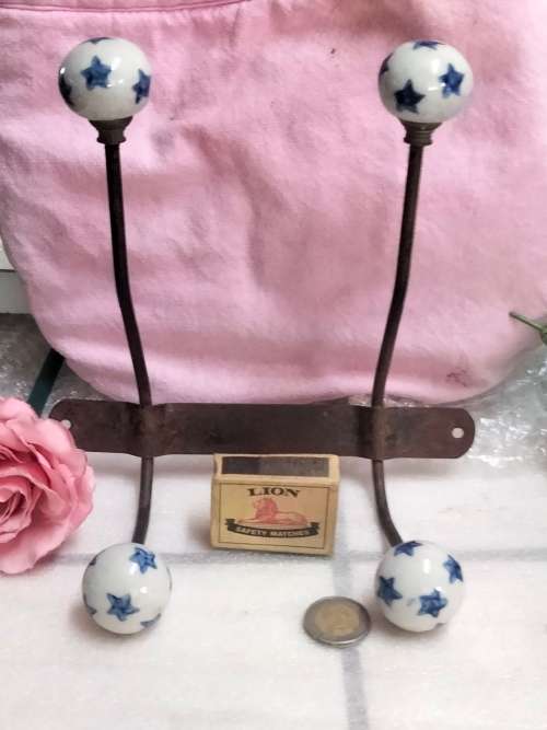 metal Wall mount Hooks 2 Double 4 porcelain blue stars Look at my Buy Now listings No Waiting