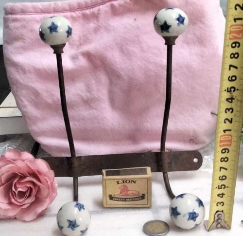 metal Wall mount Hooks 2 Double 4 porcelain blue stars Look at my Buy Now listings No Waiting