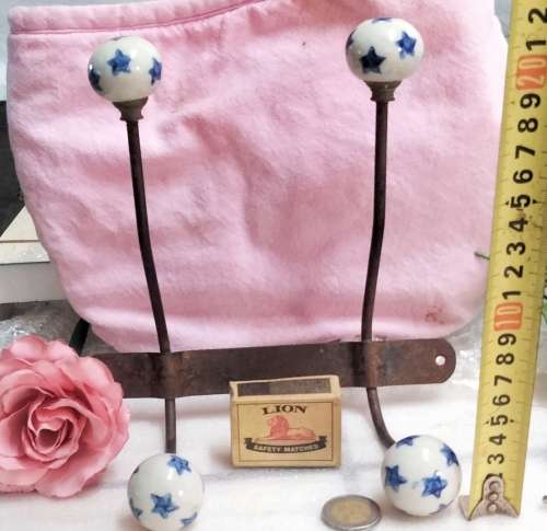 metal Wall mount Hooks 2 Double 4 porcelain blue stars Look at my Buy Now listings No Waiting