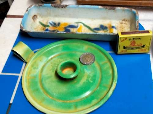 VTG1Enamel SOAPdish distressed+1metalCandle holder refurbishedLOOK At My BUY NOW LISTINGS NO WAITING