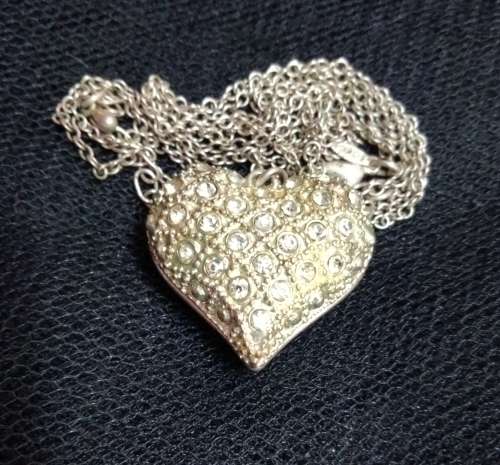 Necklace signed Avon Chain Silver - Gold  Pendant PUFF Heart Masses Crystal - Back Cutout Hearts