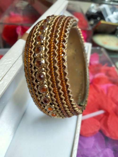 BANGLE  Hinged CLAMPER Large BEADED middle has Orange Crystals LOOK At My BUY NOW ltems NO WAITING