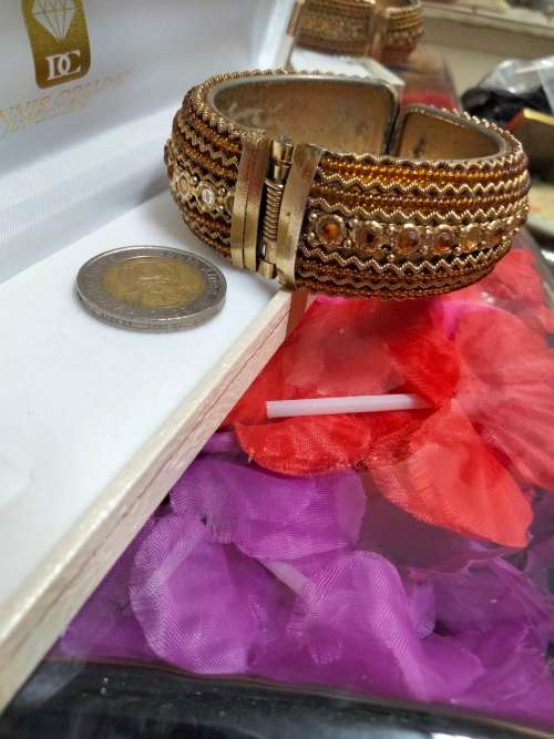 BANGLE  Hinged CLAMPER Large BEADED middle has Orange Crystals LOOK At My BUY NOW ltems NO WAITING