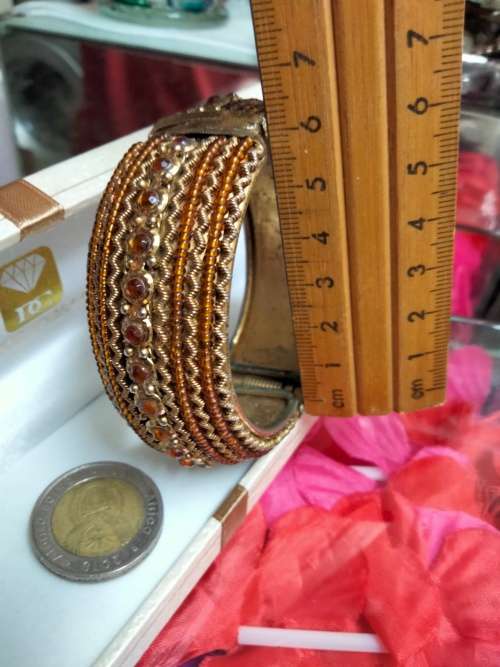 BANGLE  Hinged CLAMPER Large BEADED middle has Orange Crystals LOOK At My BUY NOW ltems NO WAITING
