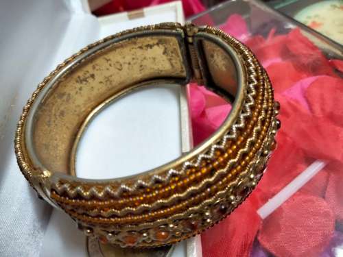 BANGLE  Hinged CLAMPER Large BEADED middle has Orange Crystals LOOK At My BUY NOW ltems NO WAITING