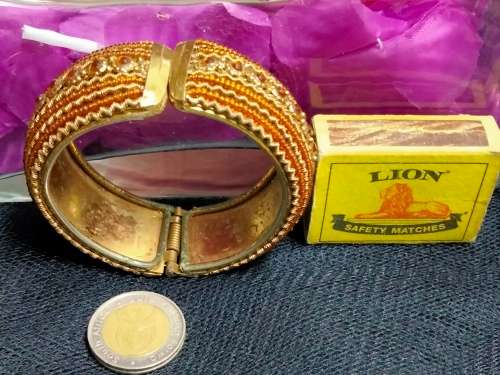 BANGLE  Hinged CLAMPER Large BEADED middle has Orange Crystals LOOK At My BUY NOW ltems NO WAITING