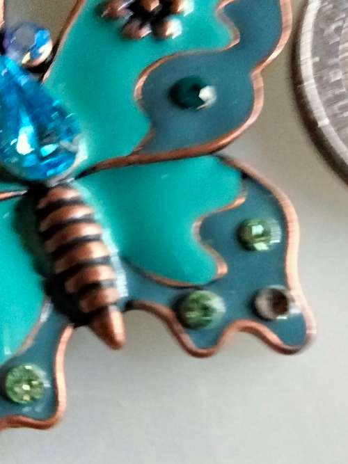 Necklace signed Avon Blue Butterfly enameled Pendant Crystals back copper tone metal duo chain